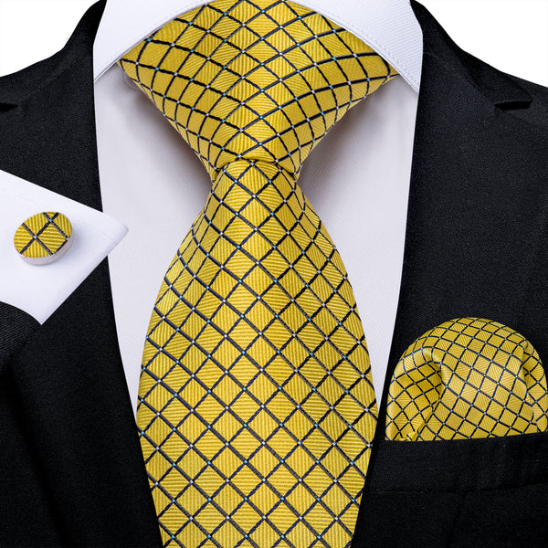 Yellow Black Plaid Men's Necktie Pocket Square Cufflinks Set