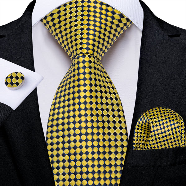 Yellow Navy Plaid Silk Men's Necktie Pocket Square Cufflinks Set
