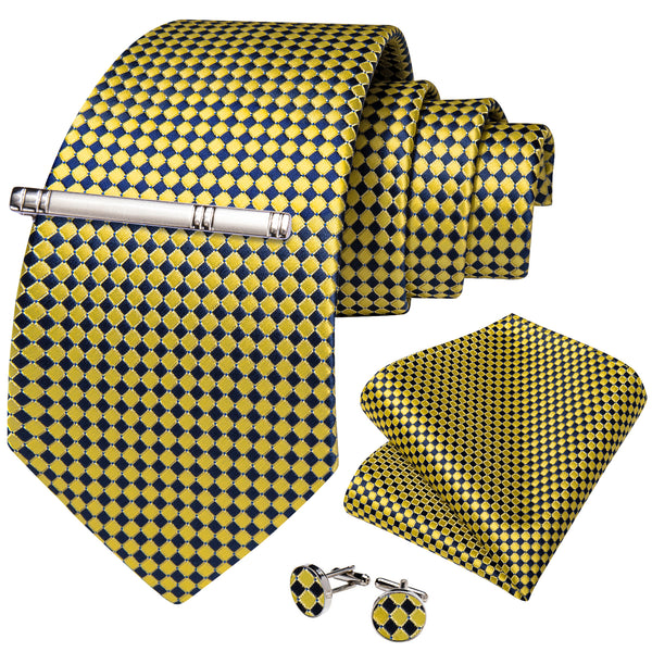 Yellow Navy Plaid Silk Men's Necktie Pocket Square Cufflinks Set with Clip