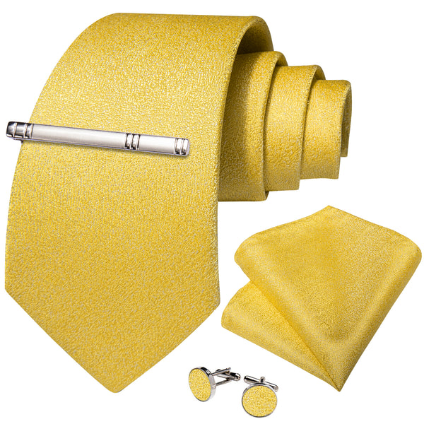 Yellow Novelty Silk Men's Necktie Pocket Square Cufflinks Set with Clip