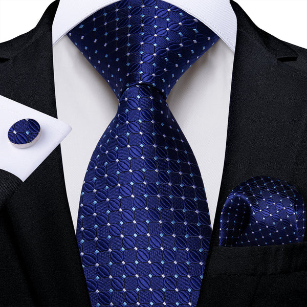 Navy Blue Plaid Silk Men's Necktie Pocket Square Cufflinks Set