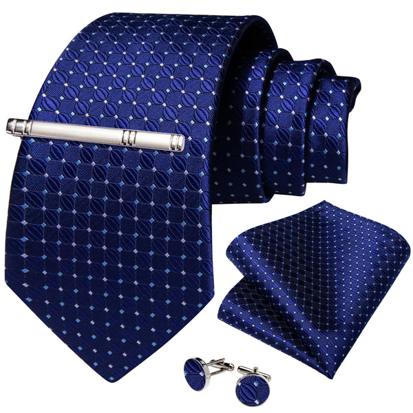 Navy Blue Plaid Silk Men's Necktie Pocket Square Cufflinks Set with Clip