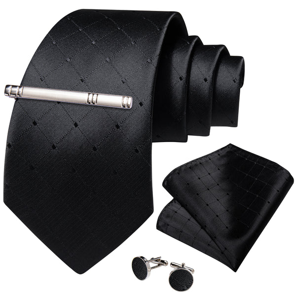 Black Plaid Silk Men's Necktie Pocket Square Cufflinks Set with Clip