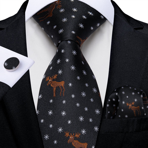Christmas Black White Orange Snowflake Deer Silk Men's Necktie Pocket Square Cufflinks Set