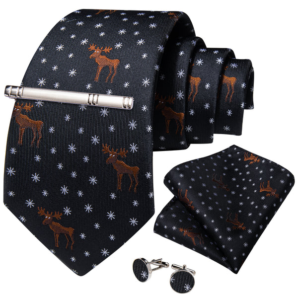 Christmas Black White Orange Snowflake Deers Silk Men's Necktie Pocket Square Cufflinks Set with Clip