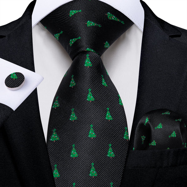 Christmas Black Green Trees Silk Men's Necktie Pocket Square Cufflinks Set