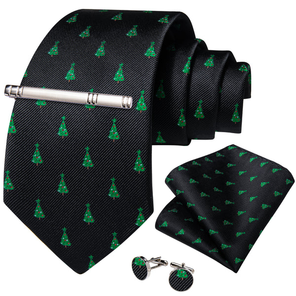 Black Green Christmas Trees Silk Men's Necktie Pocket Square Cufflinks Set with Clip