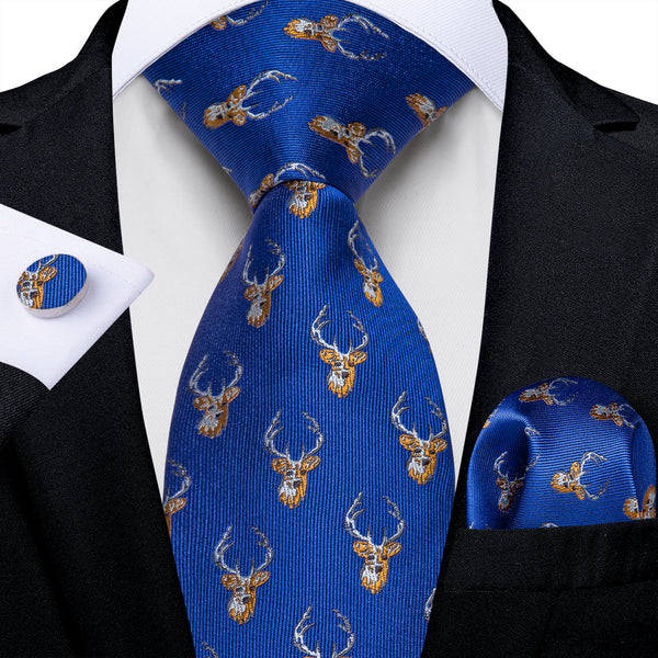 Blue Brown Deer Heads Silk Men's Necktie Pocket Square Cufflinks Set