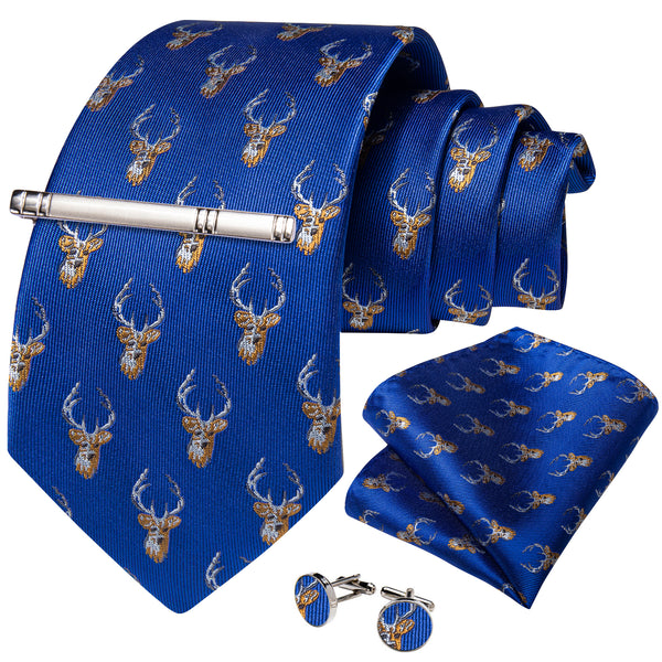 Blue Brown Deer Heads Silk Men's Necktie Pocket Square Cufflinks Set with Clip