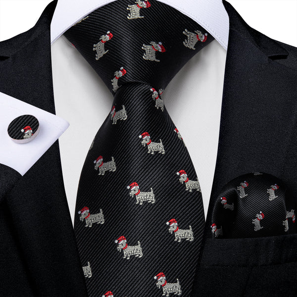 Christmas Black White Dogs Red Santa Hat Silk Men's Necktie Pocket Square Cufflinks Set
