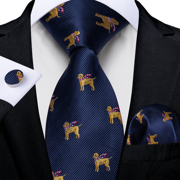 Navy Blue Yellow Dogs Silk Men's Necktie Pocket Square Cufflinks Set