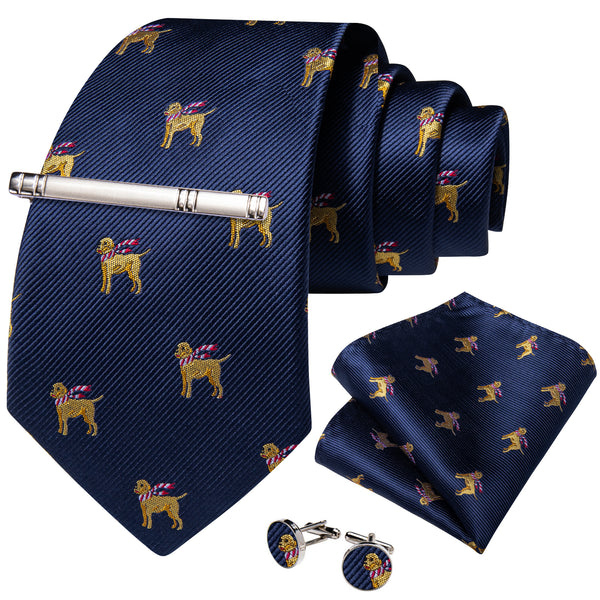 Blue Yellow Dogs Silk Men's Necktie Pocket Square Cufflinks Set with Clip