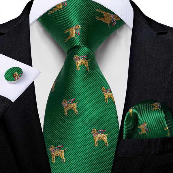 Green Yellow Novelty Dogs Men's Necktie Pocket Square Cufflinks Set