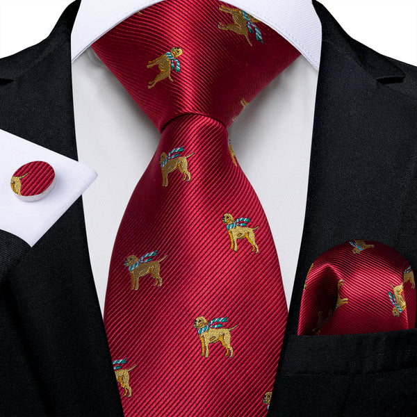 Red Yellow Dogs Silk Men's Necktie Pocket Square Cufflinks Set