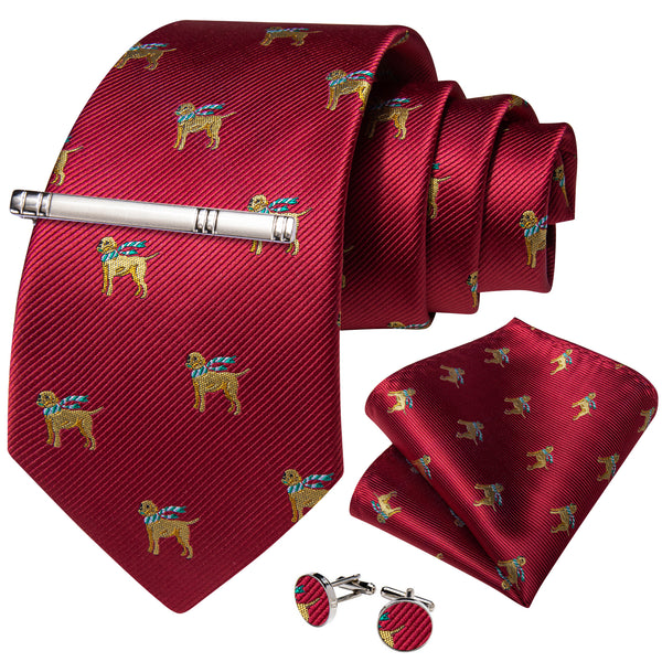 Red Yellow Dogs Silk Men's Necktie Pocket Square Cufflinks Set with Clip