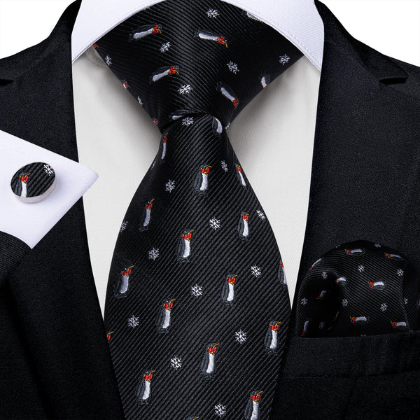 Ties2you Christmas Tie Black White Snowflake Penguin Tie and pocket square Cufflinks Set