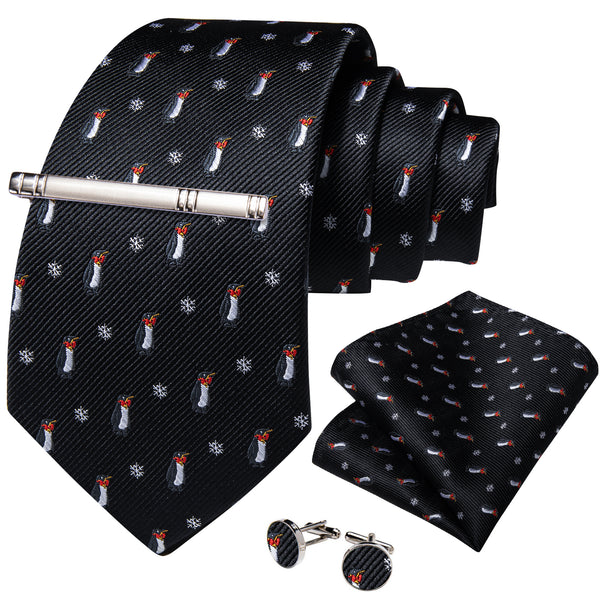 Christmas Black White Penguins Snowflake Silk Men's Necktie Pocket Square Cufflinks Set with Clip
