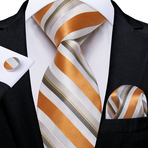 Orange White Green Striped Silk Men's Necktie Pocket Square Cufflinks Set