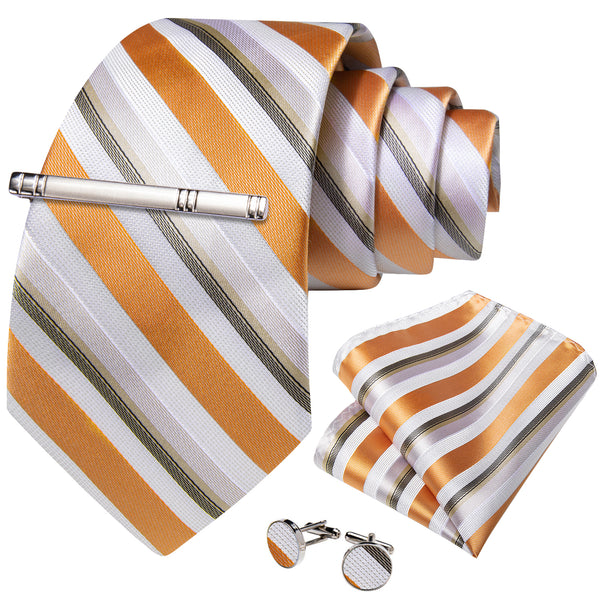 Orange White Green Striped Silk Men's Necktie Pocket Square Cufflinks Set with Clip