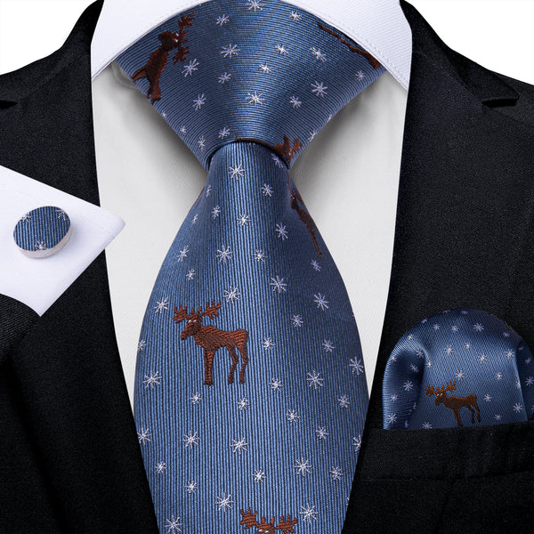 Christmas Blue Brown White Snowflake Deers Silk Men's Necktie Pocket Square Cufflinks Set