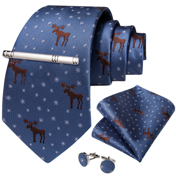 Blue White Brown Deers Snowflake Silk Men's Necktie Pocket Square Cufflinks Set with Clip