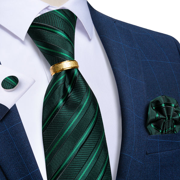 Dark Green Striped Tie Ring Pocket Square Cufflinks Set