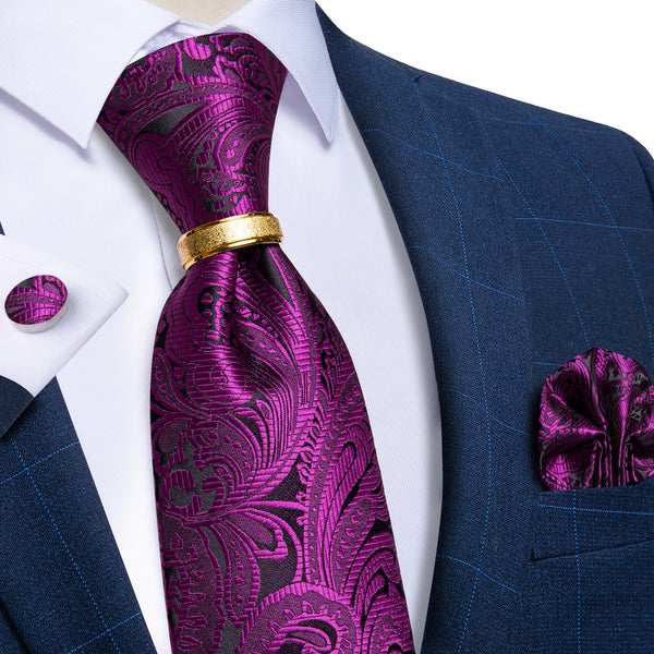 Dark Purple Paisley Tie Ring Pocket Square Cufflinks Set