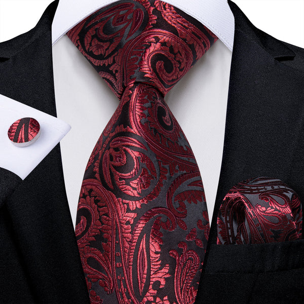 Ties2you Burgundy Tie for Men Paisley Silk Necktie Pocket Square Cufflinks Set