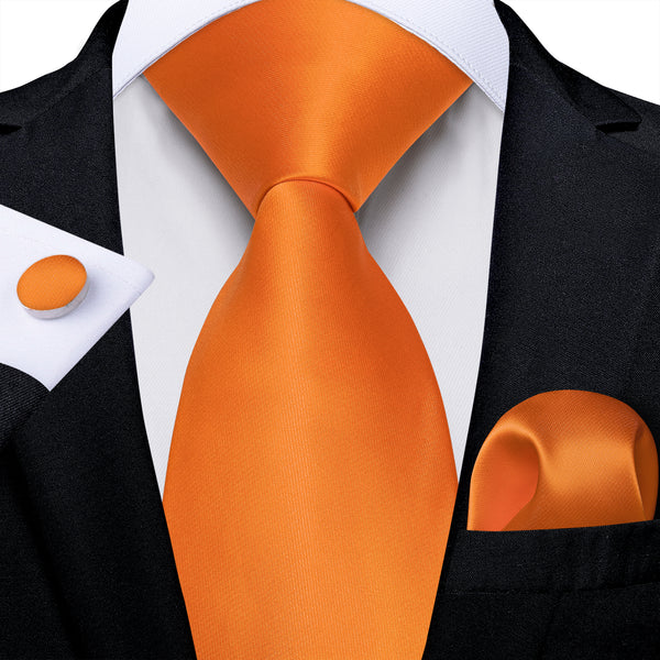 Orange Solid Necktie Pocket Square Cufflinks Set