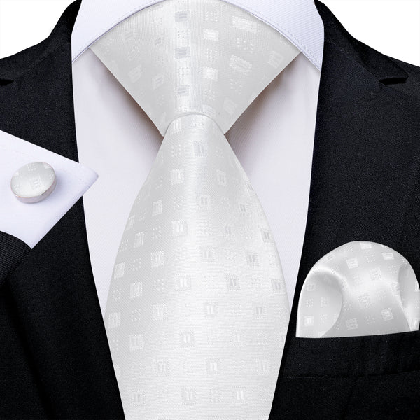 White Novelty Necktie Pocket Square Cufflinks Set