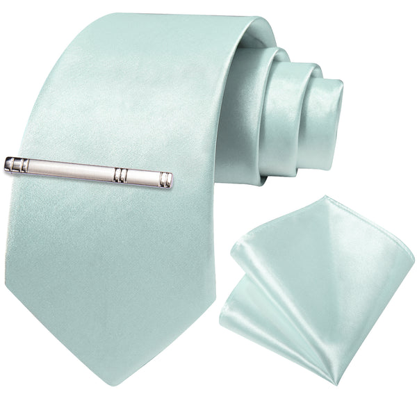 Mist Blue Satin Solid Silk Men's Necktie Pocket Square Cufflinks Set with Clip