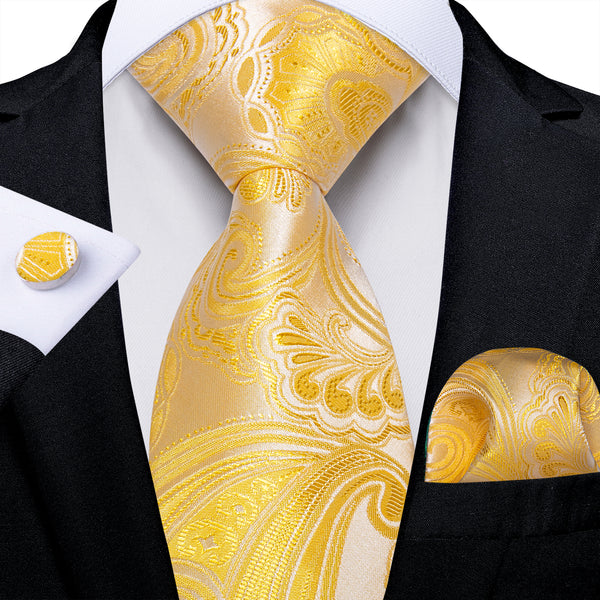 Yellow Paisley Men's Necktie Pocket Square Cufflinks Set