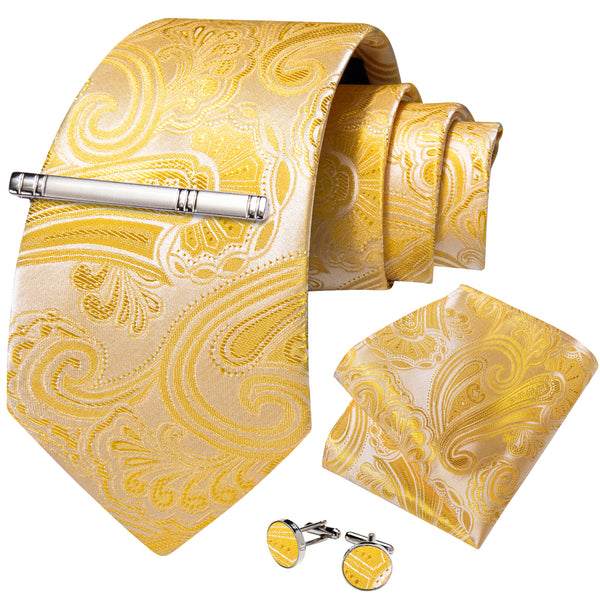 Chrome Yellow Paisley Silk Men's Necktie Pocket Square Cufflinks Set with Clip