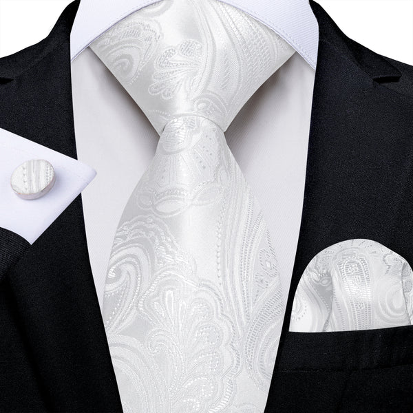White Paisley Men's Necktie Pocket Square Cufflinks Set