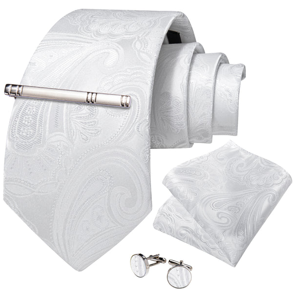 White Paisley Silk Men's Necktie Pocket Square Cufflinks Set with Clip