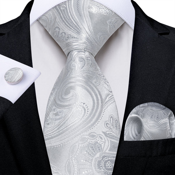 Sliver Grey Paisley Men's Necktie Pocket Square Cufflinks Set