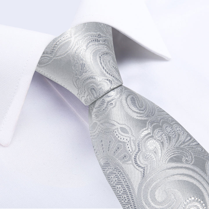 mens silk grey white paisley tie set for mens dress suit jacket