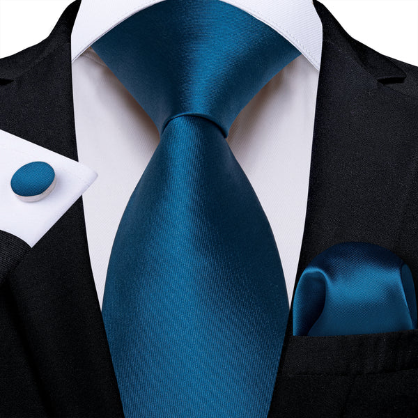 Salvia Blue Solid Men's Necktie Pocket Square Cufflinks Set