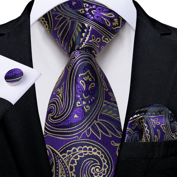 Blue Purple Brown Pailsley Men's Necktie Pocket Square Cufflinks Set