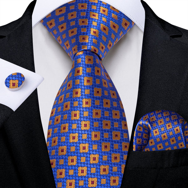 Blue Orange Geometric Men's Necktie Pocket Square Cufflinks Set