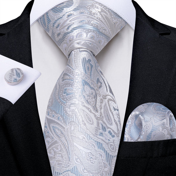 Sliver Sky Blue Paisley Men's Necktie Pocket Square Cufflinks Set