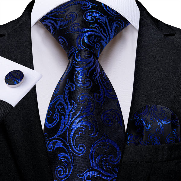 Black MediumBlue Floral Men's Necktie Pocket Square Cufflinks Set