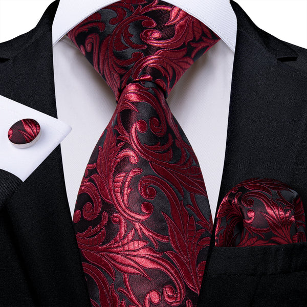 Black Red Floral Men's Necktie Pocket Square Cufflinks Set