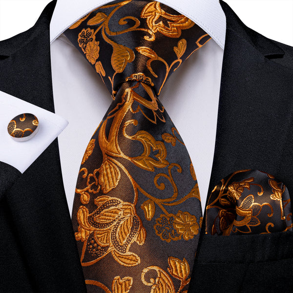 Black GoldEnrod Floral Men's Necktie Pocket Square Cufflinks Set