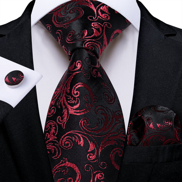 Black DarkRed Floral Men's Necktie Pocket Square Cufflinks Set