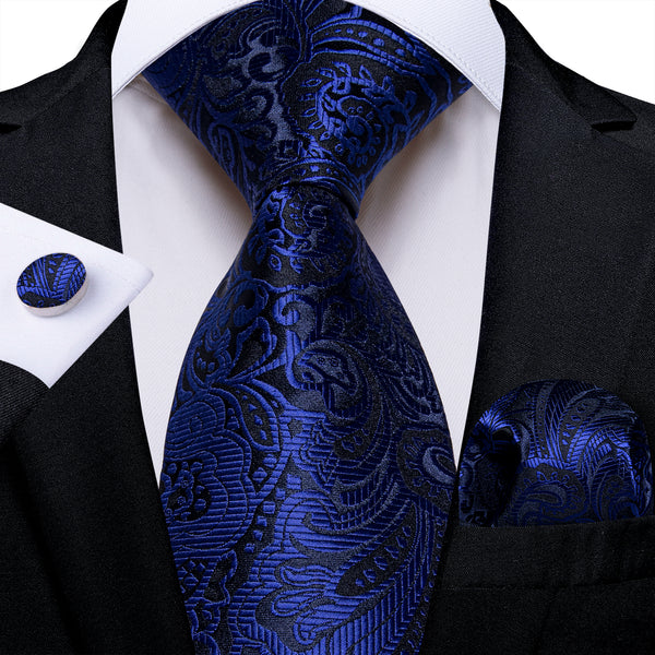 Black DarkBlue Floral Men's Necktie Pocket Square Cufflinks Set