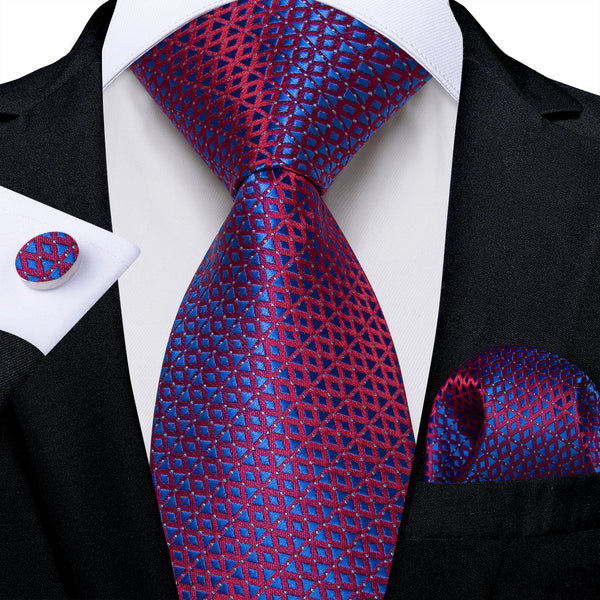 Blue Purple Plaid Men's Necktie Pocket Square Cufflinks Set