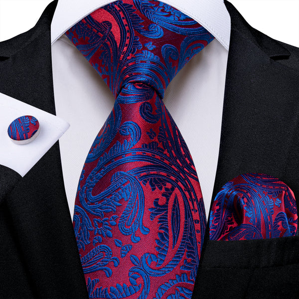 Blue Red Paisley Men's Necktie Pocket Square Cufflinks Set