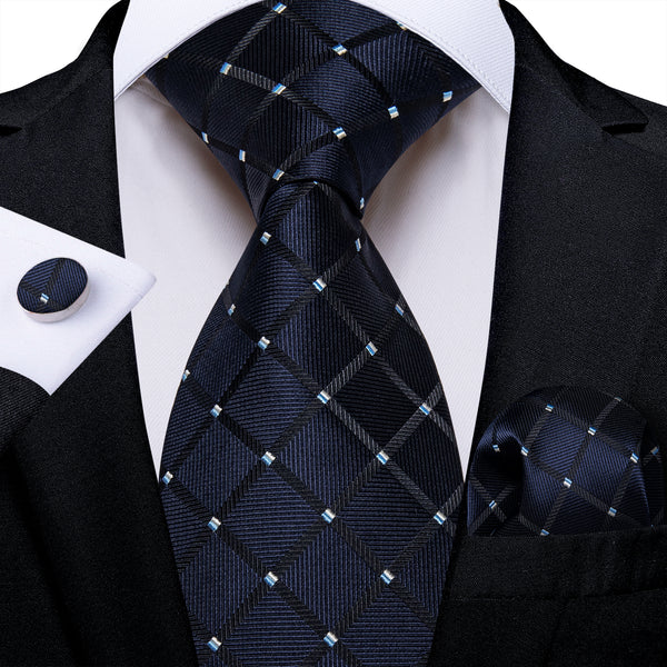 BlackBlue Plaid Men's Necktie Pocket Square Cufflinks Set