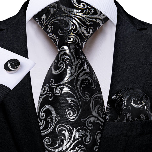 Black Sliver Floral Men's Necktie Pocket Square Cufflinks Set